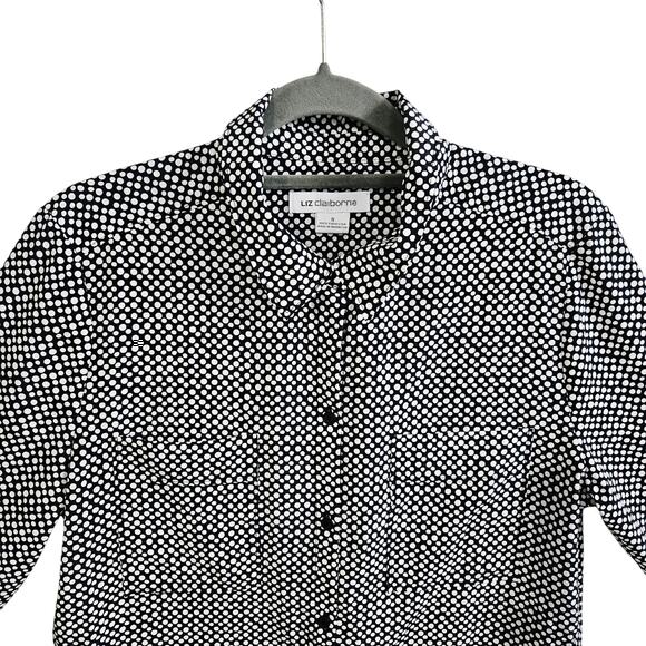 Liz Claiborne Women's S Long Sleeve Button Up Black White Polka Dot Twee Office - Picture 3 of 6